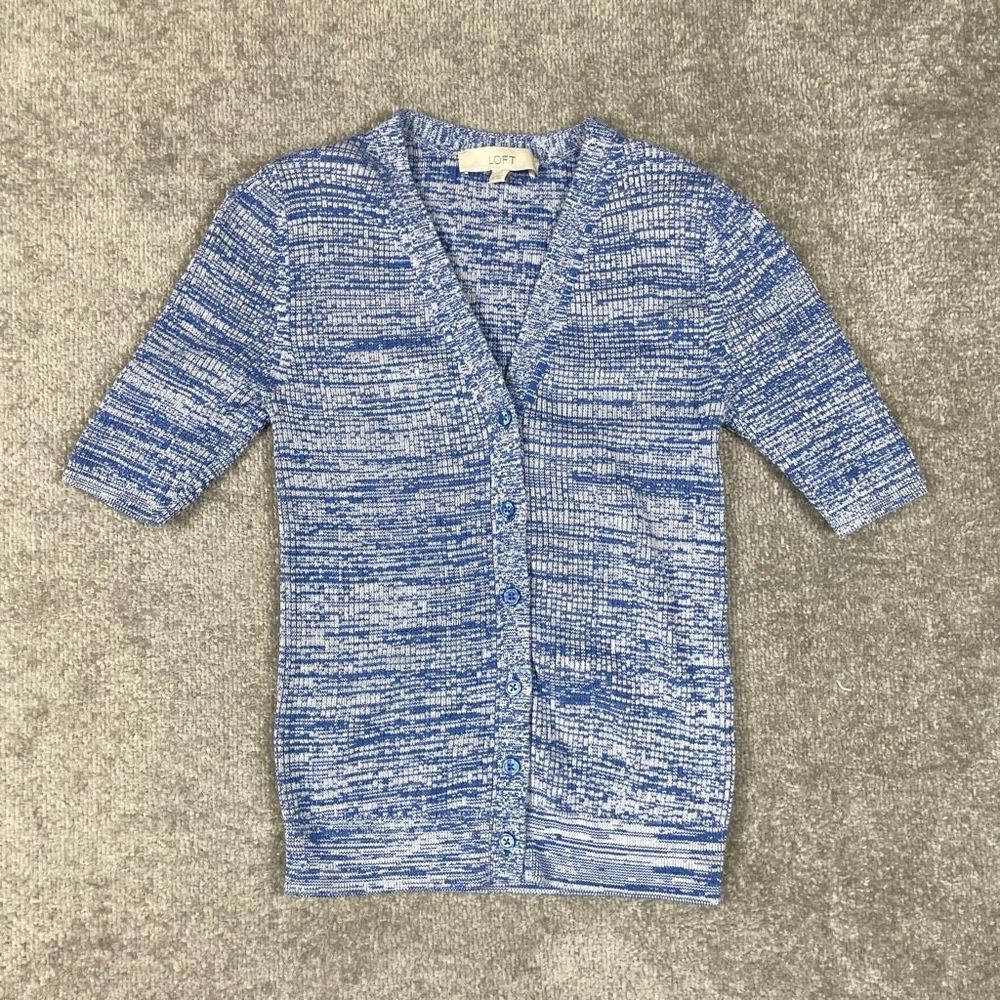 LOFT Women’s XS Short Sleeve Blue White Knit Button Down Cardigan Sweater NWT